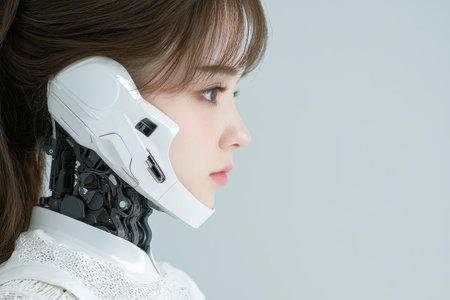 futuristic woman wearing virtual reality headsetの素材