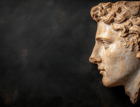 Ancient stone sculpture profile on dark backgroundの素材