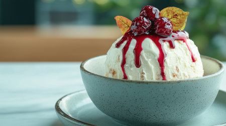 Delicious ice cream sundae with cherries and autumn leavesの素材