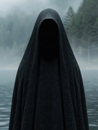 Mysterious dark figure in a misty forestの素材