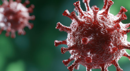 Close-up of a detailed red coronavirus modelの素材