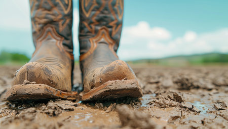 muddy boots in a fieldの素材