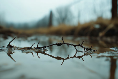Reflection of a twisted branch in a still pondの素材