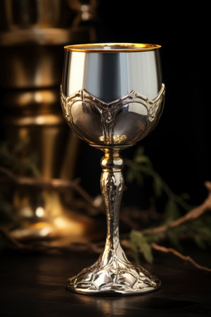 Ornate golden chalice in a dark settingの素材