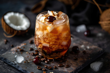 Refreshing iced coffee drink with cherries and coconutの素材