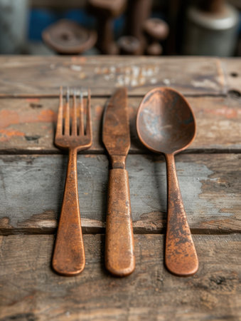 Rustic Utensils on Weathered Woodの素材