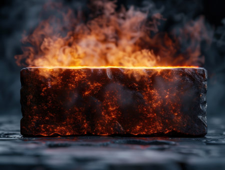 Burning hot coal briquette on dark backgroundの素材