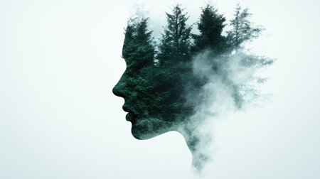 silhouette of a person's face in a misty forestの素材