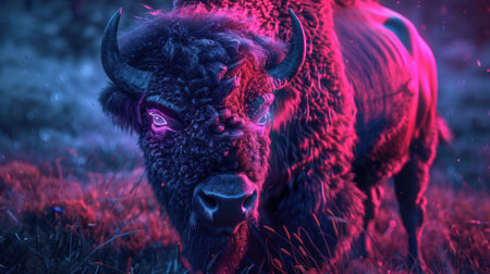 Mystical bison in glowing forestの素材