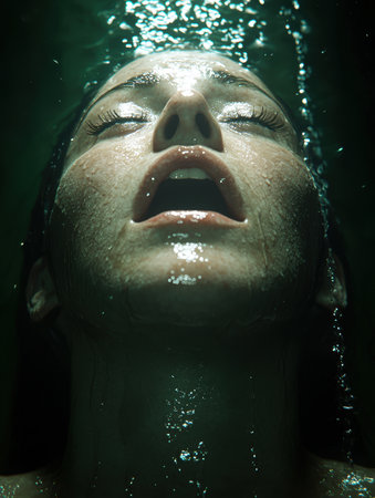 close-up of a person's face underwaterの素材