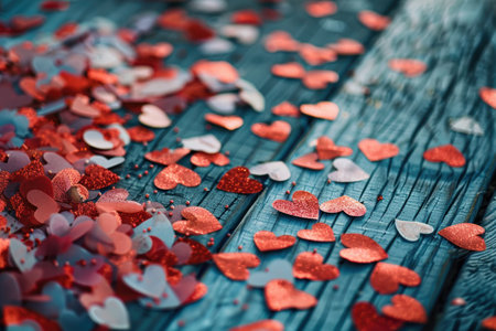 Scattered red glitter hearts on wooden backgroundの素材