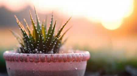 succulent plant in terracotta pot at sunsetの素材