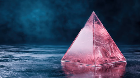 Mysterious pink crystal pyramid floating on dark oceanの素材