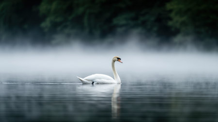 Serene swan floating on misty lakeの素材