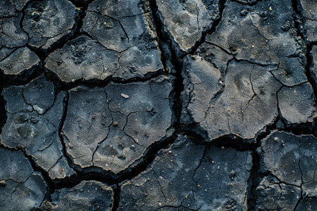 Cracked and weathered black rock surfaceの素材