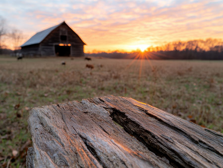 Rustic barn at sunset in a rural fieldの素材