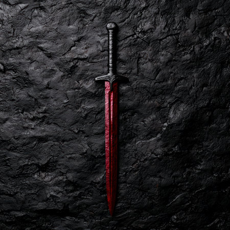 Ornate medieval sword on dark stone backgroundの素材