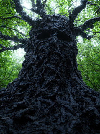 Twisted and gnarled tree trunk in lush forestの素材