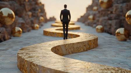 Silhouetted figure walking on golden pathの素材