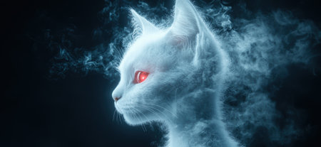 Mystical white cat with glowing red eyes in smoky atmosphereの素材