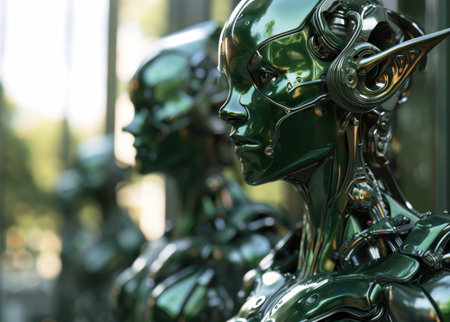 Futuristic green robot head close-upの素材