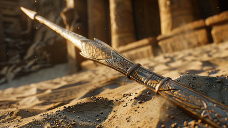 Ornate ancient dagger on desert sandの素材