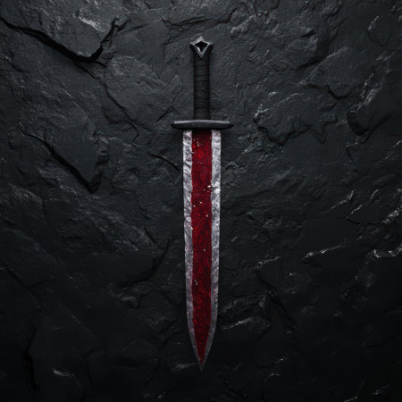 Dramatic dark sword in rocky backgroundの素材