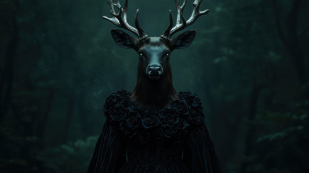 dark deer with antlers and black rosesの素材