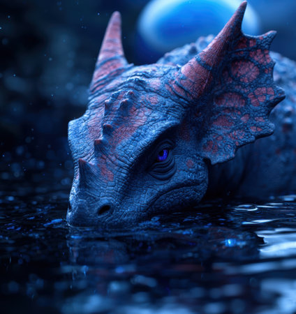 Mysterious dragon-like creature in dark blue underwater sceneの素材