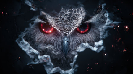 Fierce Owl with Glowing Red Eyes in Snowy Forestの素材