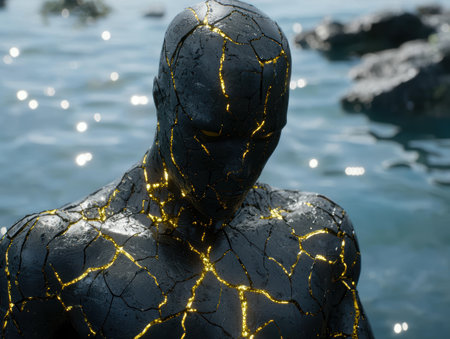 Cracked golden figure in waterの素材