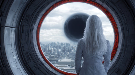 woman looking out of spaceship window at city skylineの素材