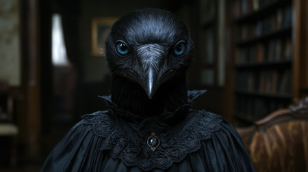 dark and mysterious raven-like creature with piercing blue eyesの素材