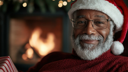 Smiling senior man in santa hatの素材