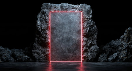 Glowing neon frame in dark rocky landscapeの素材