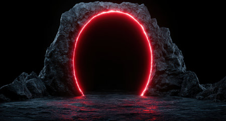Glowing red portal in dark rocky landscapeの素材