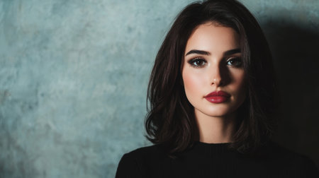 Captivating woman with dark hair and red lipsの素材