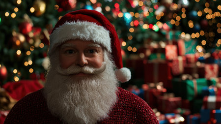 jolly santa claus in red suit with white beard and hatの素材