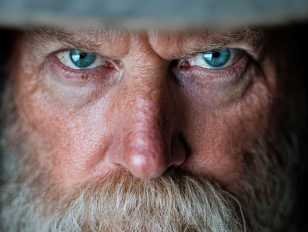 Intense gaze of an elderly man with piercing blue eyesの素材