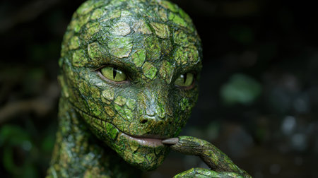Close-up of a green reptilian creatureの素材