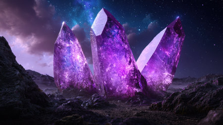Glowing purple crystal formations in a fantasy landscapeの素材