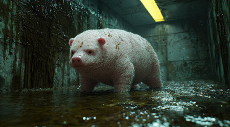 Cute albino bear wading in dark forest streamの素材