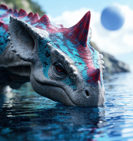 Colorful dragon head emerging from waterの素材