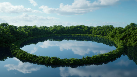 Serene lake surrounded by lush green forestの素材