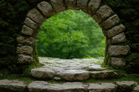Lush green forest through stone archwayの素材