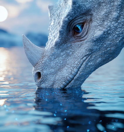 Closeup of a blue rhinoceros head emerging from waterの素材
