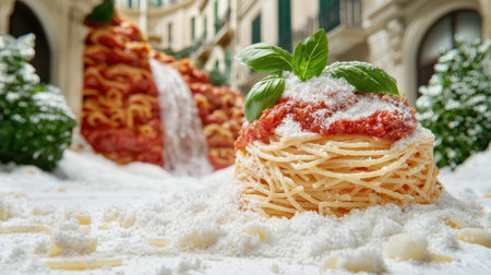 Delicious spaghetti bolognese with fresh basil leavesの素材