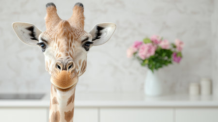 close-up portrait of a curious giraffeの素材