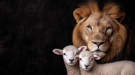 powerful lion protecting vulnerable lambsの素材