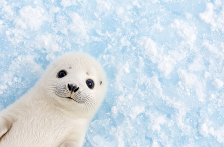 Adorable baby harp seal on snowy backgroundの素材
